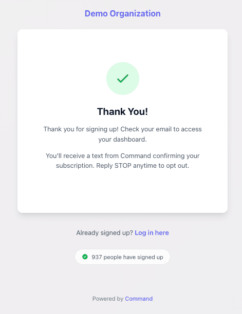 Thank you screen confirming a text from Command, with a reminder to reply STOP to opt out
